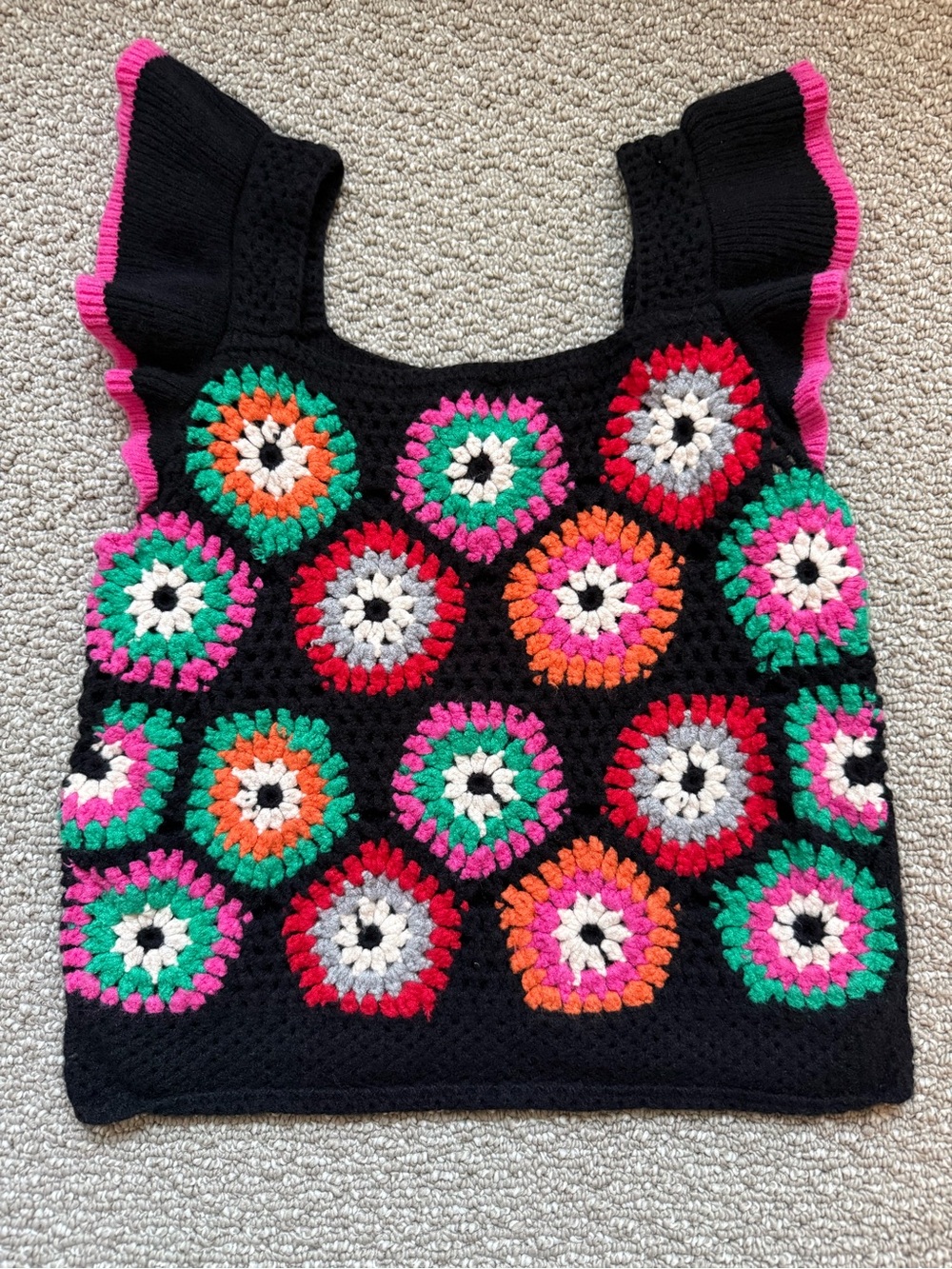 Crochet Floral Top Black Colorful Flower Knit Boho Cottagecore Women’s Small